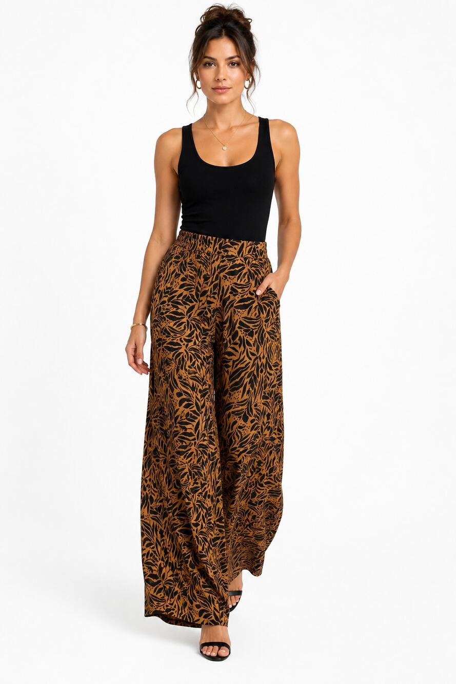 LR352 Jessica Simpson Wide Leg Animal Print Pants Large Pull On Palazzo